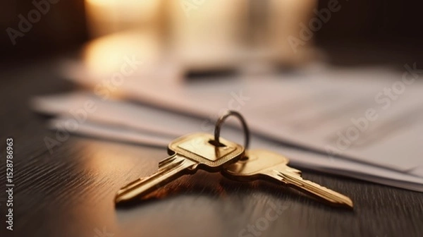 Fototapeta Two golden keys crossing on dark wooden table symbolizing business merger and company acquisition, corporate takeover and partnership concept.	