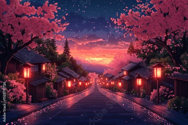 Obraz A beautiful anime village background with charming houses, walking paths, and cherry trees.