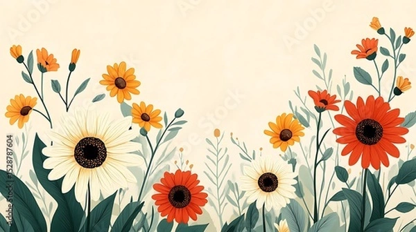 Fototapeta 70s inspired flat floral arrangement, oversized daisies and sunflowers in earthy tones, layered on a pale tan background, clean geometric layout. Created Using: vector graphics, mid-century modern,