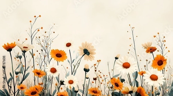 Fototapeta 70s inspired flat floral arrangement, oversized daisies and sunflowers in earthy tones, layered on a pale tan background, clean geometric layout. Created Using: vector graphics, mid-century modern,