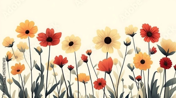 Fototapeta 70s inspired flat floral arrangement, oversized daisies and sunflowers in earthy tones, layered on a pale tan background, clean geometric layout. Created Using: vector graphics, mid-century modern,