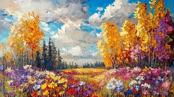 Fototapeta A painterly spring meadow, loosely rendered wildflowers in vivid hues, impressionistic brushstrokes, glowing sunlight filtering through clouds, artistic and expressive mood.