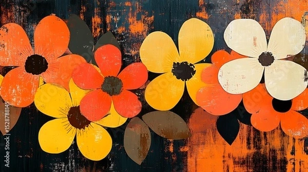 Fototapeta Abstract 70s floral collage, bold flat flowers overlapping in orange, yellow, and brown, on a textured canvas backdrop, playful and artsy vibe. Created Using: mixed media, retro collage, Photoshop,