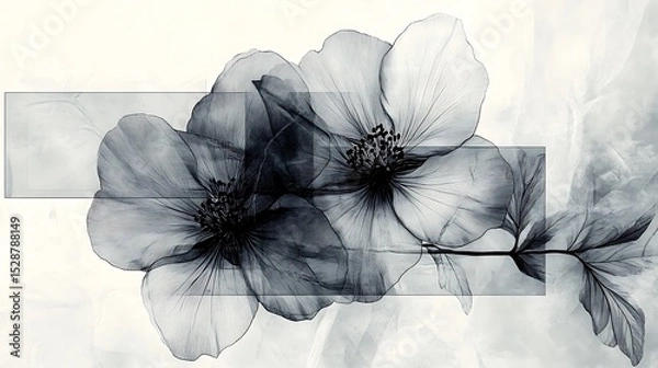Fototapeta Abstract black and white floral collage, layered outlines of various flowers, soft overlapping textures, pale gray backdrop, artistic and modern. Created Using: mixed media, abstract art, Procreate,