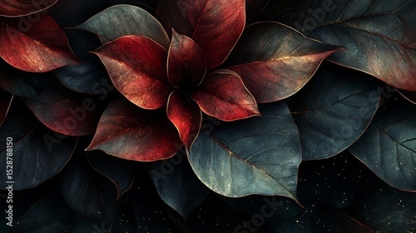Fototapeta Abstract dark botanical composition, layered deep green leaves, burgundy petals blending into black background, soft golden specks adding a hint of luxury. Created Using: mixed media, abstract art,