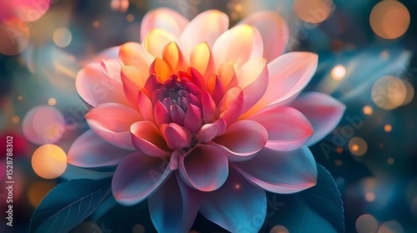 Fototapeta Abstract digital floral art, swirling gradients and geometric petals, radiant color bursts of cyan, magenta, and yellow, futuristic and dreamy atmosphere. Created Using: digital art,
