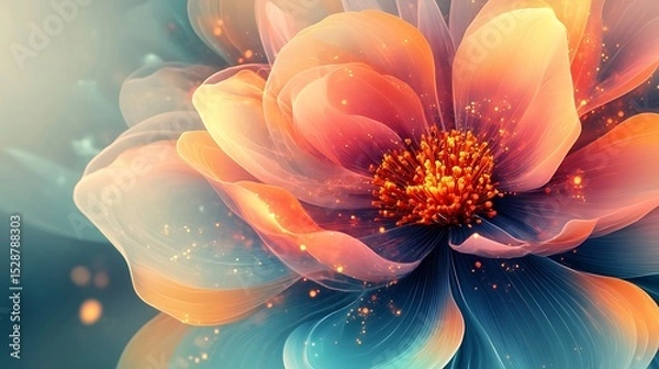 Fototapeta Abstract digital floral art, swirling gradients and geometric petals, radiant color bursts of cyan, magenta, and yellow, futuristic and dreamy atmosphere. Created Using: digital art,