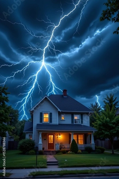 Fototapeta suburban house under a dramatic lightning storm, subject on the right side with empty space on the left for text.