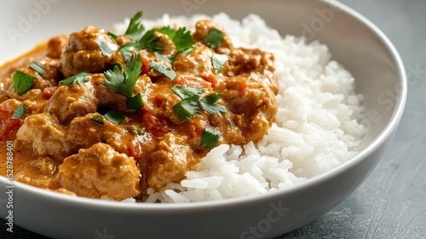 Obraz Creamy orange curry with chunks of meat and diced tomatoes served over fluffy white rice in a shallow white bowl.  Garnished with fresh cilantro