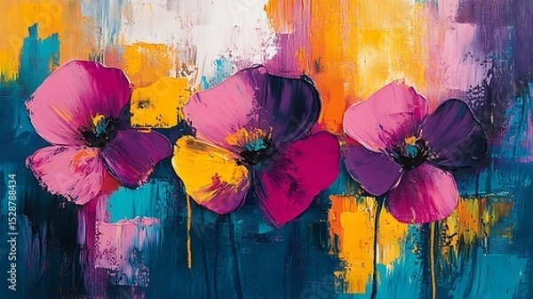 Fototapeta Abstract floral painting with bold splashes of magenta, yellow, and teal, geometric shapes blending into loose flower silhouettes, textured canvas background, vibrant and energetic.