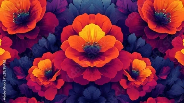 Fototapeta Abstract floral pattern, repeating stylized blooms in bold reds, oranges, and purples, geometric overlays, high-energy, rhythmic composition. Created Using: vector art, pattern design,