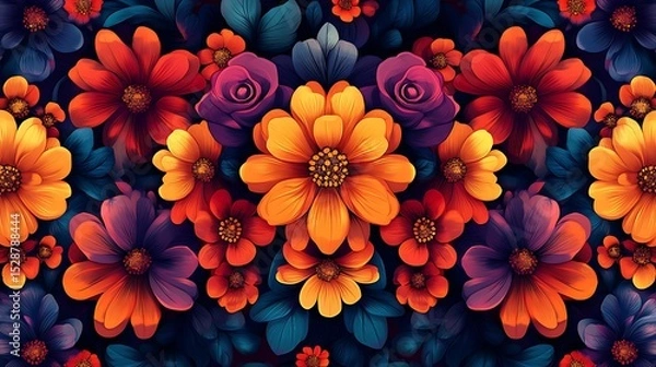Obraz Abstract floral pattern, repeating stylized blooms in bold reds, oranges, and purples, geometric overlays, high-energy, rhythmic composition. Created Using: vector art, pattern design,