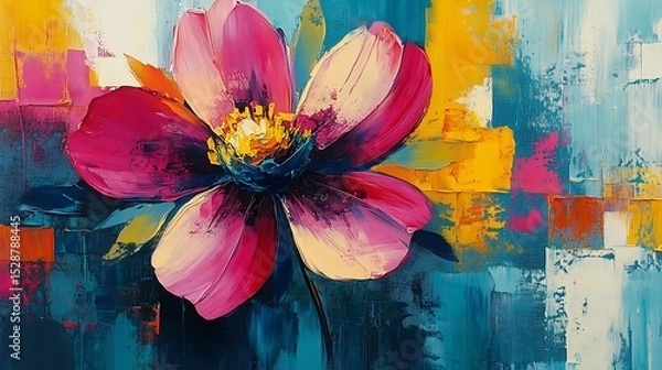 Fototapeta Abstract floral painting with bold splashes of magenta, yellow, and teal, geometric shapes blending into loose flower silhouettes, textured canvas background, vibrant and energetic.