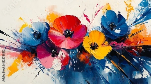 Fototapeta Abstract floral shapes in bold splashes of color, geometric patterns layered into the composition, vivid reds, blues, and yellows, with dynamic brush strokes across a white background.