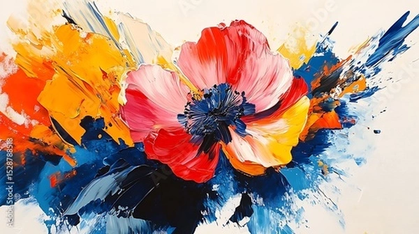 Fototapeta Abstract floral shapes in bold splashes of color, geometric patterns layered into the composition, vivid reds, blues, and yellows, with dynamic brush strokes across a white background.