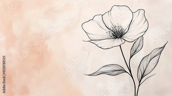 Fototapeta Abstract minimal line art of a flower and leaf, black continuous line on soft pastel background, modern and refined. Created Using: digital illustration, minimalism, Procreate, clean lines,