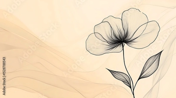 Fototapeta Abstract minimal line art of a flower and leaf, black continuous line on soft pastel background, modern and refined. Created Using: digital illustration, minimalism, Procreate, clean lines,