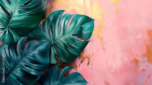 Fototapeta Abstract tropical leaf collage, banana and monstera leaves in exaggerated green tones, layered with gold accents over a soft pink background, artistic and modern. Created Using: mixed media art,