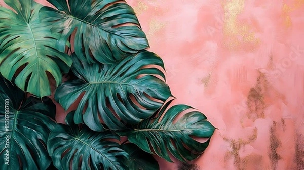 Fototapeta Abstract tropical leaf collage, banana and monstera leaves in exaggerated green tones, layered with gold accents over a soft pink background, artistic and modern. Created Using: mixed media art,