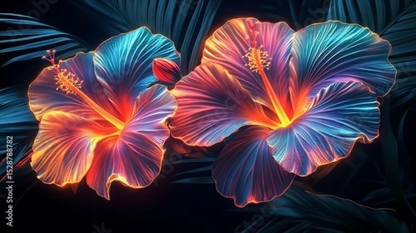 Fototapeta Abstract tropical paradise, swirling neon hibiscus and orchid shapes, palm leaf silhouettes, glowing against a dark background, artistic and energetic. Created Using: digital abstract art,