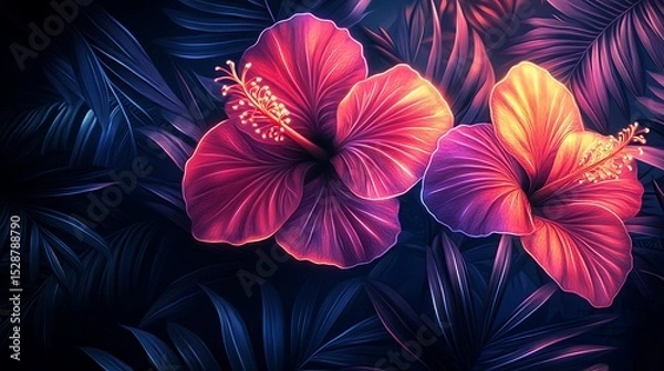 Fototapeta Abstract tropical paradise, swirling neon hibiscus and orchid shapes, palm leaf silhouettes, glowing against a dark background, artistic and energetic. Created Using: digital abstract art,