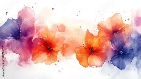 Fototapeta Abstract watercolor floral, fluid splashes of orange, fuchsia, and indigo forming loose blooms, soft gradients blending into white space, delicate yet expressive. Created Using: watercolor painting,