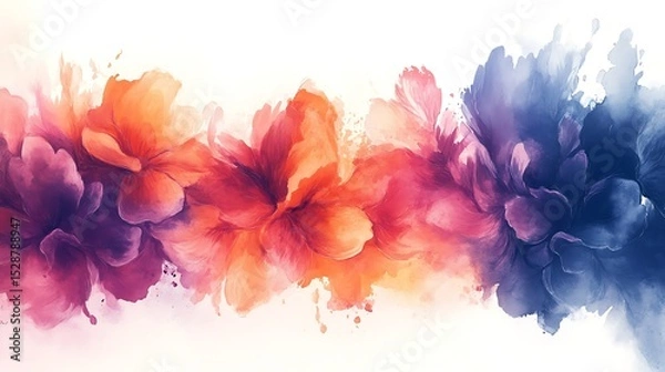 Fototapeta Abstract watercolor floral, fluid splashes of orange, fuchsia, and indigo forming loose blooms, soft gradients blending into white space, delicate yet expressive. Created Using: watercolor painting,