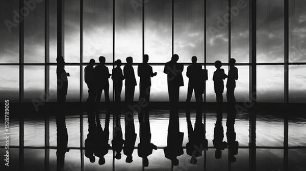 Fototapeta Silhouette of business team in meeting at sunset office setting