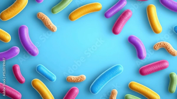 Obraz Colorful Microbial Forms on a Vibrant Blue Background for Scientific and Educational Use