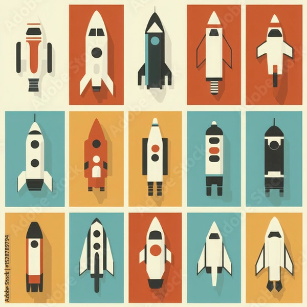 Obraz Colorful Rocket and Spaceship Collection in Minimalist Style for Creative Projects and Illustrations