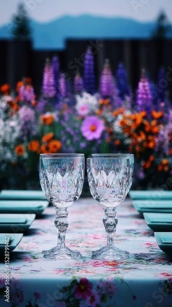 Fototapeta Two crystal drinking glasses on a table, with a colorful flower garden in the background
