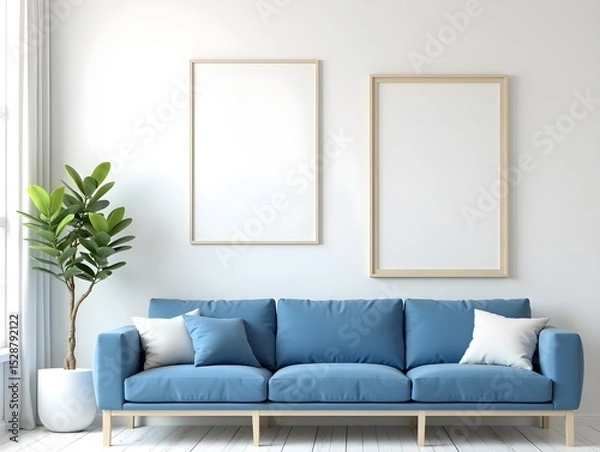 Fototapeta Mock up poster frame on the wall in a modern living room with blue sofa and potted