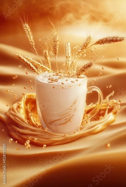Obraz Cozy cup of frothy beverage surrounded by golden wheat and flowing liquid, conveying warmth and indulgence in soft lighting