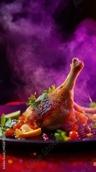 Obraz Juicy Roast Chicken Leg Surrounded by Fresh Vegetables and Aromatic Herbs on a Dark Background with Colorful Smoke Effects