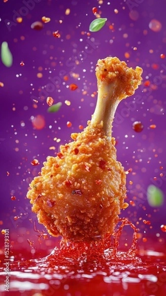 Obraz Crispy Fried Chicken Drumstick Splashing in Sauce with Colorful Seasoning Particles in Dynamic Food Photography