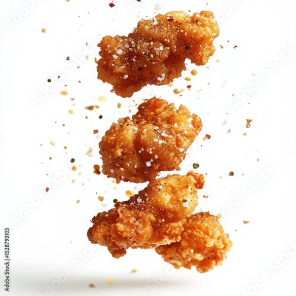 Obraz Crispy Fried Chicken Pieces with Seasoning Dust Falling in Air Against White Background