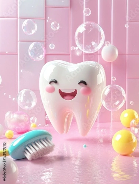 Obraz Happy Cartoon Tooth Character with Toothbrush and Bubbles in Playful Pink Environment