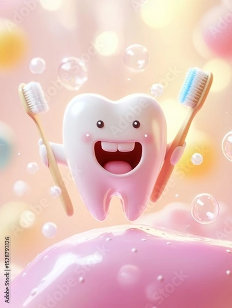 Obraz Cheerful Cartoon Tooth Character Holding Toothbrushes Surrounded by Bubbles and Colorful Background for Dental Theme
