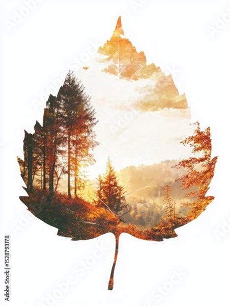 Obraz Majestic Forest Landscape Inside a Leaf Shape for Nature and Environment Concepts