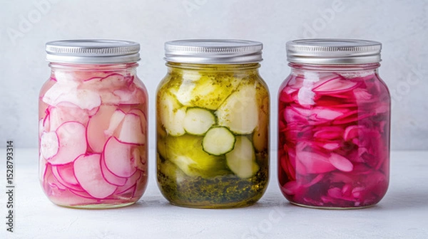 Obraz Colorful selection of pickled vegetables in glass jars showcasing vibrant hues and textures for culinary and food photography