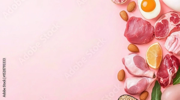 Obraz Fresh Raw Meat and Ingredients Arrangement on Pink Background for Culinary and Recipe Inspiration