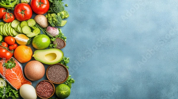 Obraz Fresh Vegetables, Fruits, Fish, and Grains Arranged Beautifully on a Blue Background for Healthy Eating and Cooking Inspiration