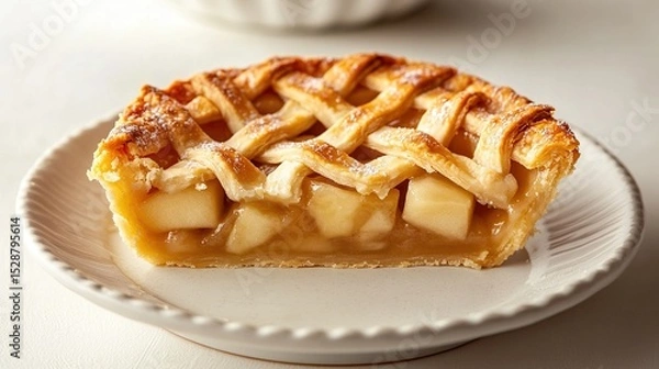 Obraz A half of a golden-brown apple pie with a lattice crust, dusted with powdered sugar, sits on a simple white plate against a bright background