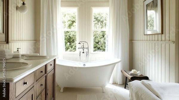 Fototapeta Bathtub and vanity with curtains in a bright bathroom