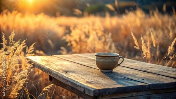 Obraz Serene Sunrise Moment A Rustic Wooden Table Holds a Warm Beverage in a Simple Mug, Bathed in the Golden Light of Dawn, Amidst a Field of Tall, Dried Grasses.