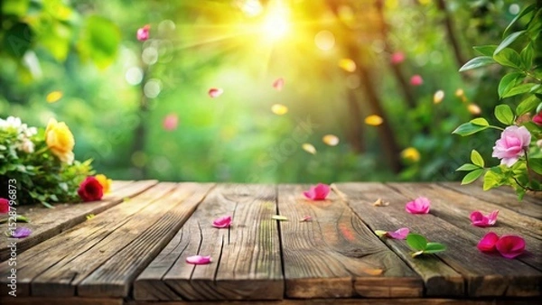 Obraz Rustic Wooden Table in a Sunlit Garden with Blooming Flowers and Falling Petals