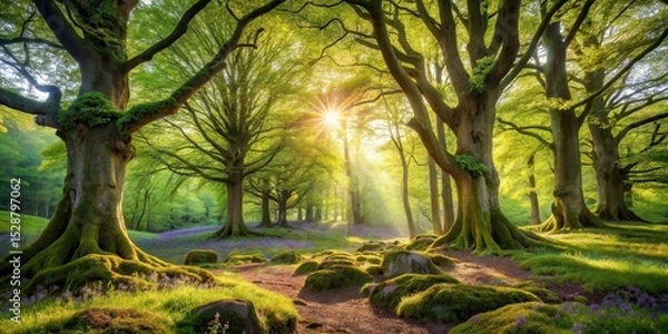Obraz Sunlit Path Through a Verdant Forest of Ancient Trees with Mossy Roots and a Carpet of Blossoms