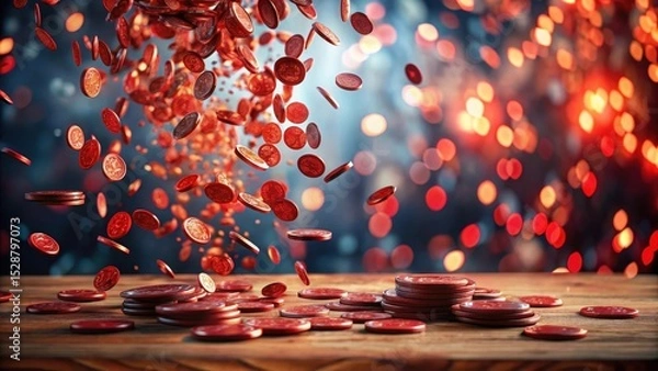 Obraz Red tokens cascading onto a wooden surface against a bokeh backdrop