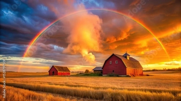 Obraz Serene Rural Landscape at Sunset with Vibrant Rainbow Arcing Over Golden Fields and Rustic Barns