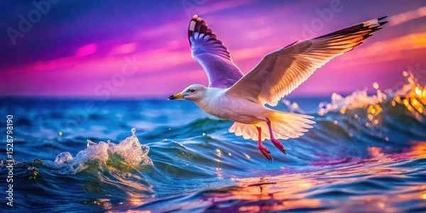 Obraz A graceful seabird in flight, skimming above the ocean waves at sunset, its wings outstretched against a vibrant sky